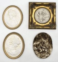 A collection of plaques including a "Perfugium Regibus" cherub relief in ornate gilt frame