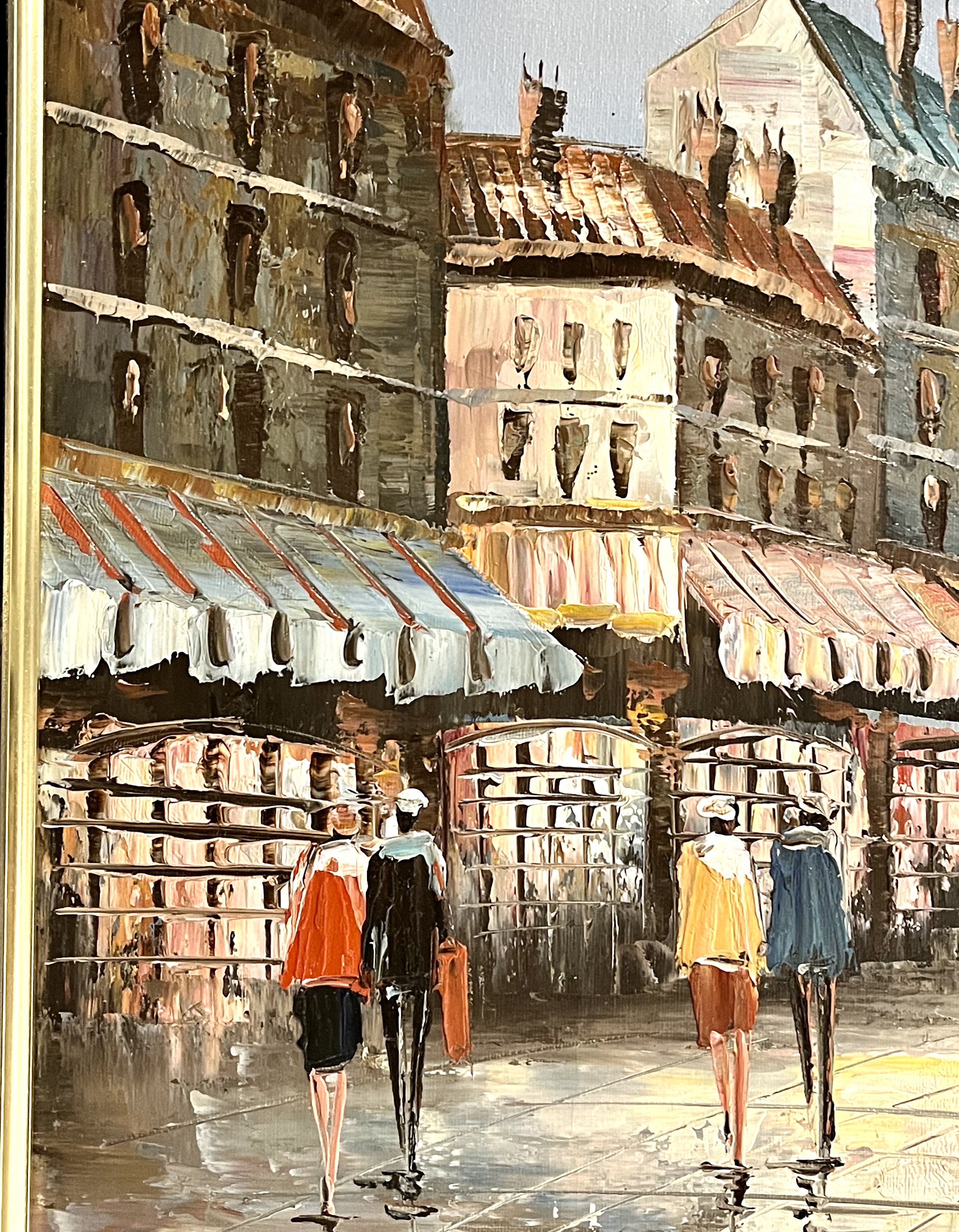 A gilt framed oil on canvas of people strolling along a Parisian street, signed Burnett - Image 6 of 7