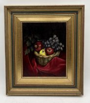 Joyce Wyatt (bn. 1940) "Basket of Fruit" oil on board still life with gallery label verso - 24cm x