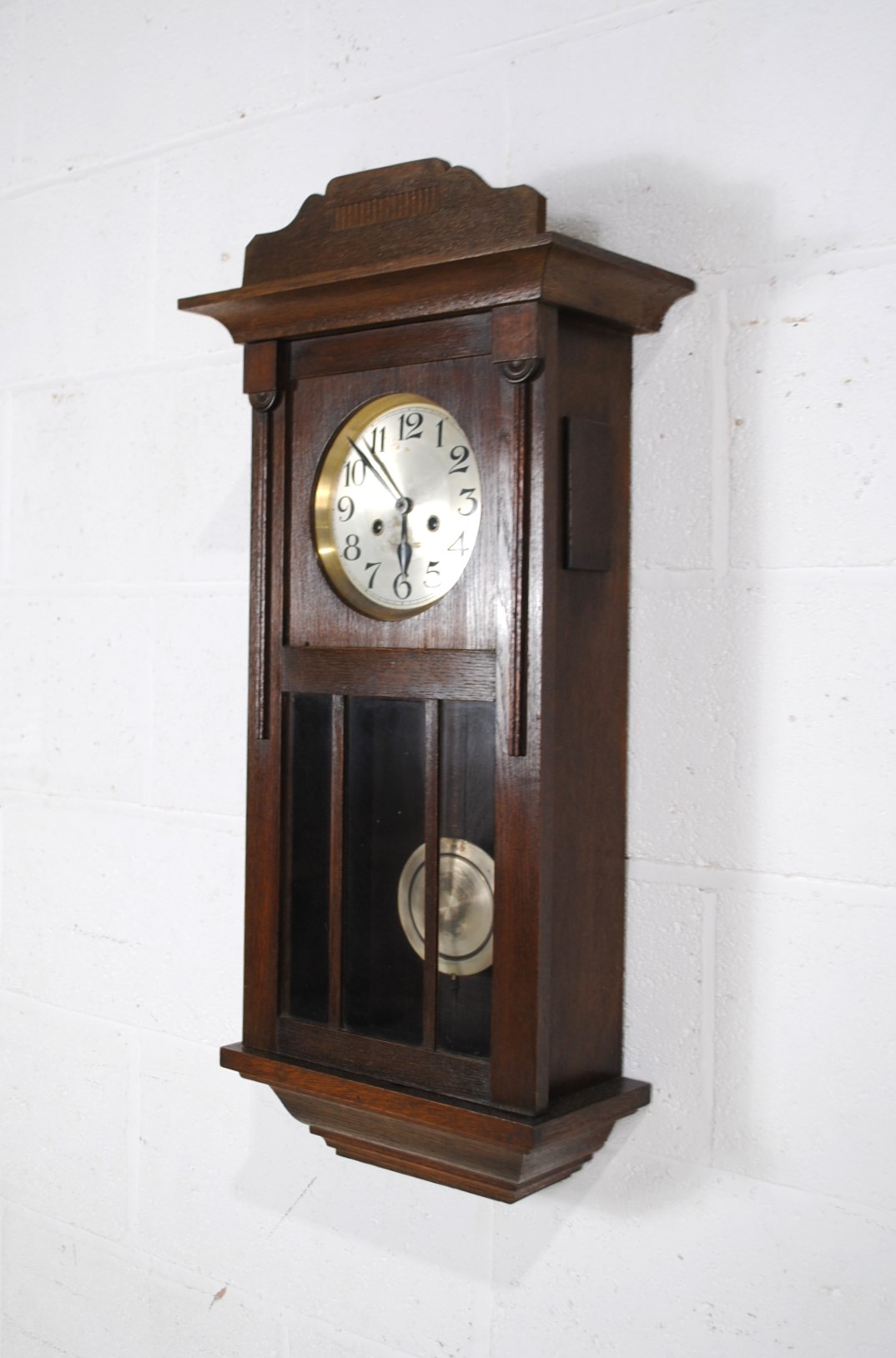An Edwardian oak cased wall clock, with key - Image 3 of 6