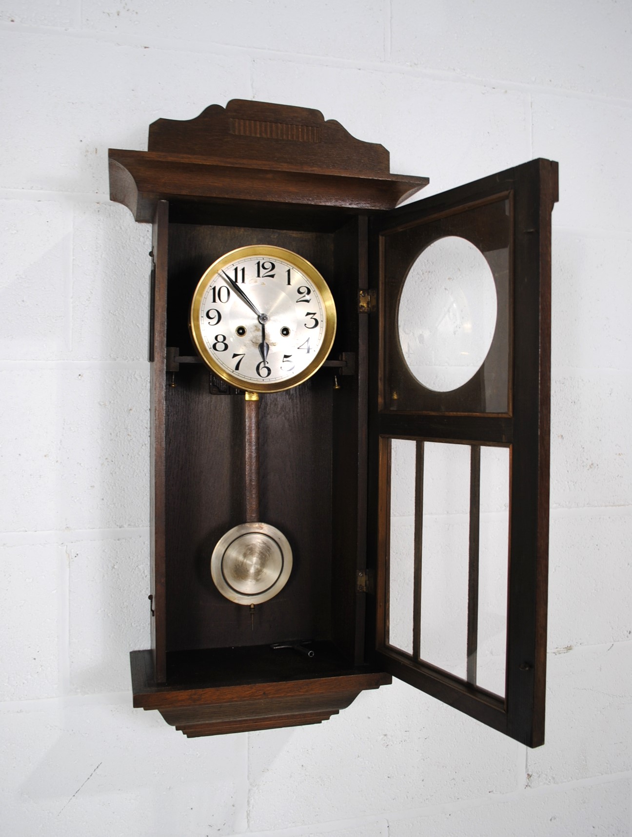 An Edwardian oak cased wall clock, with key - Image 4 of 6