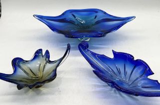 Three art glass bowls including large blue centrepiece, Murano splash vase etc.