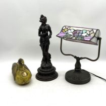A wooden duck with brass wings and breast plate, a tiffany style bankers' lamp (A/F) plus a
