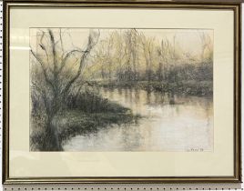 A pastel of a riverside scene signed Van Hook '84, likely George Van Hook (b. 1954 US) - overall