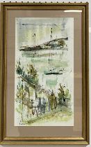 Jo Birdsey Lindberg (20th century US) mixed media piece showing boats etc - signed to lower left.