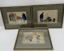 Three Oriental paintings on silk, "Winter Street Scene", "Mending a Japanese shoe" and "Street- Fish