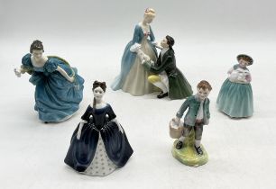 A collection of Royal Doulton figures including "The Suitor", Jack, Rhapsody, Bunny etc.