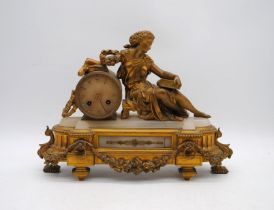 A French Classical style gilded and marble mantel clock, with key