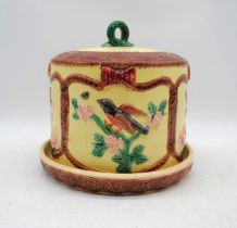 A Majolica cheese dome, decorated with birds and flowers - diameter 26cm, height 24cm