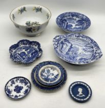 A collection of various blue and white china including Spode blue Italian, Wedgwood & Co etc.