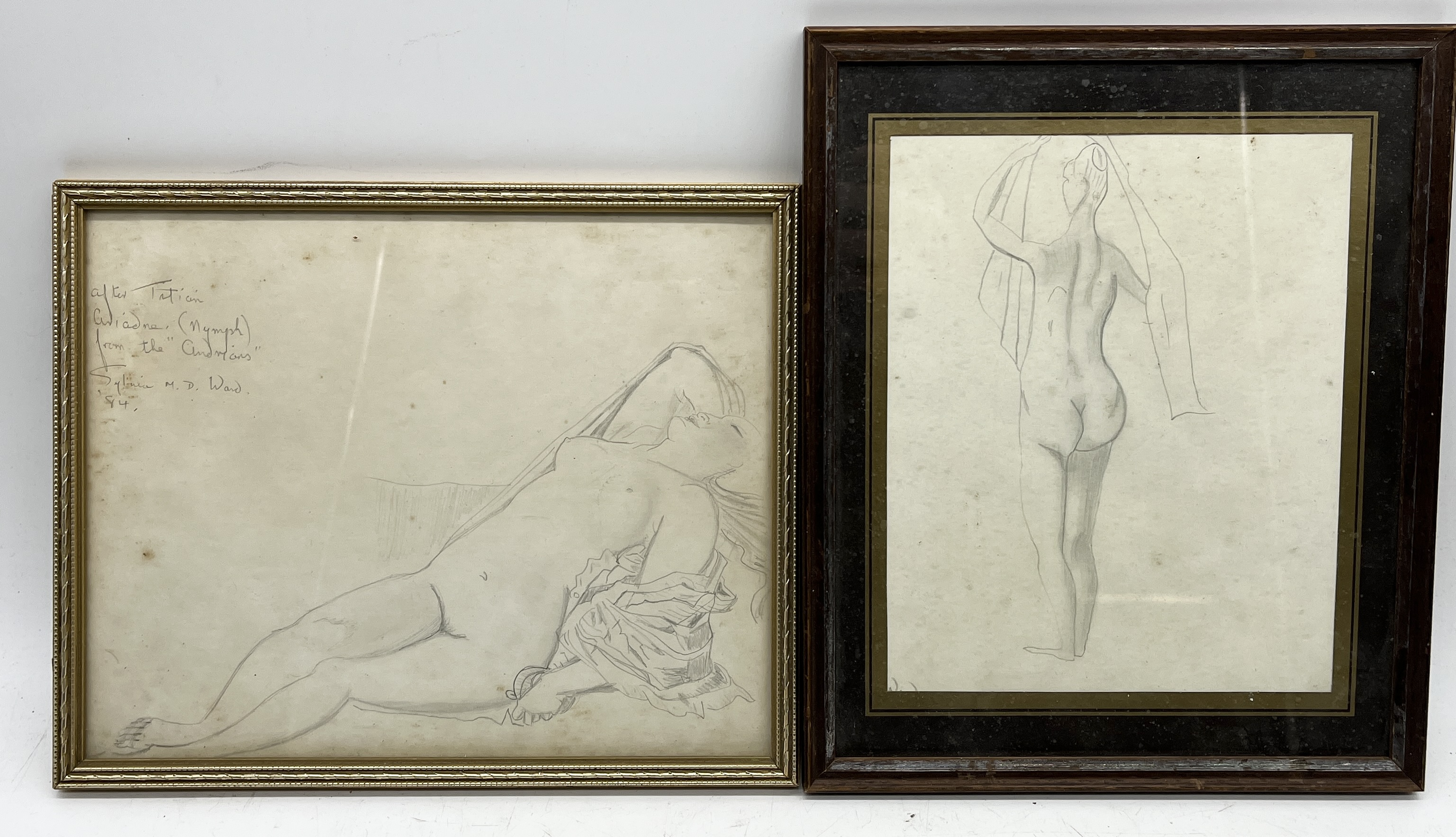 Two small pencil sketches showing nude figures by Sylvia M Dixon Ward, both signed and described
