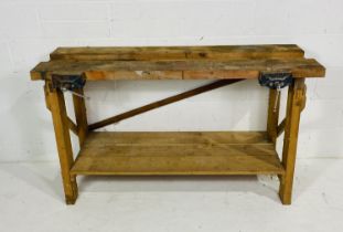 A wooden work bench, with two Woden 194 vices. 153cm x 61cm, height 88cm