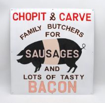 A painted metal sign for 'Chopit & Carve Family Butchers' - 53cm x 56cm