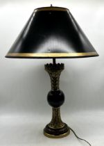 A large brass columned lamp with Greek key decoration to base, height 82cm