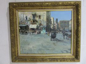 An oil painting on canvas of a market square with carriages in ornate gilt frame 51cm x 61cm