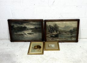 Two unsigned (matching) framed prints of lake/waterfall scenes along with watercolour of Durdle Door