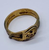 A 9ct gold snake ring with ruby eyes, weight 4.6g, size M