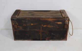 A vintage wooden cricket box with rope handles - length 98cm, depth 39cm, height 49cm