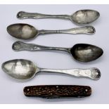 Four silver tea spoons (A/F) along with a Wade pocket knife with 3 blades, silver weight 71.3g