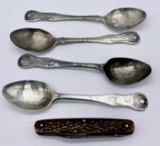 Four silver tea spoons (A/F) along with a Wade pocket knife with 3 blades, silver weight 71.3g