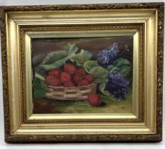 A gilt framed still life oil on board painting of fruit, initialed S.S. to bottom right corner.