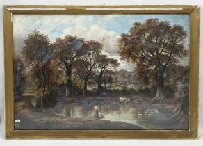 "At Yardley" oil on canvas showing rural scene of cattle by wooded pond. Indistinct signature but