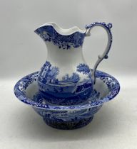 A Spode blue Italian Jug and bowl set.