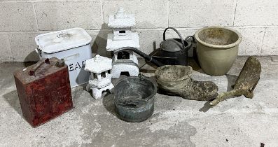 A collection of various garden ornaments etc. including resin pagoda, enamel bread bin, BP petrol