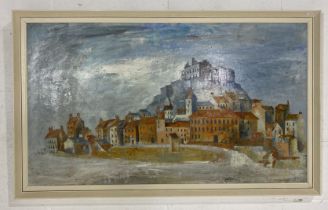 A large oil on board by Gerald Parkinson (British 1926-) titled "Severac Le Chateau, 1961", 62cm x