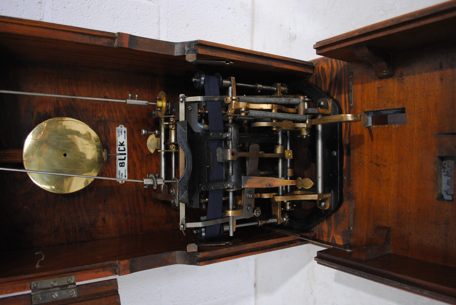 A Blick Time Recorder oak cased clocking in machine, with key and pendulum - length 34cm, depth - Image 12 of 15