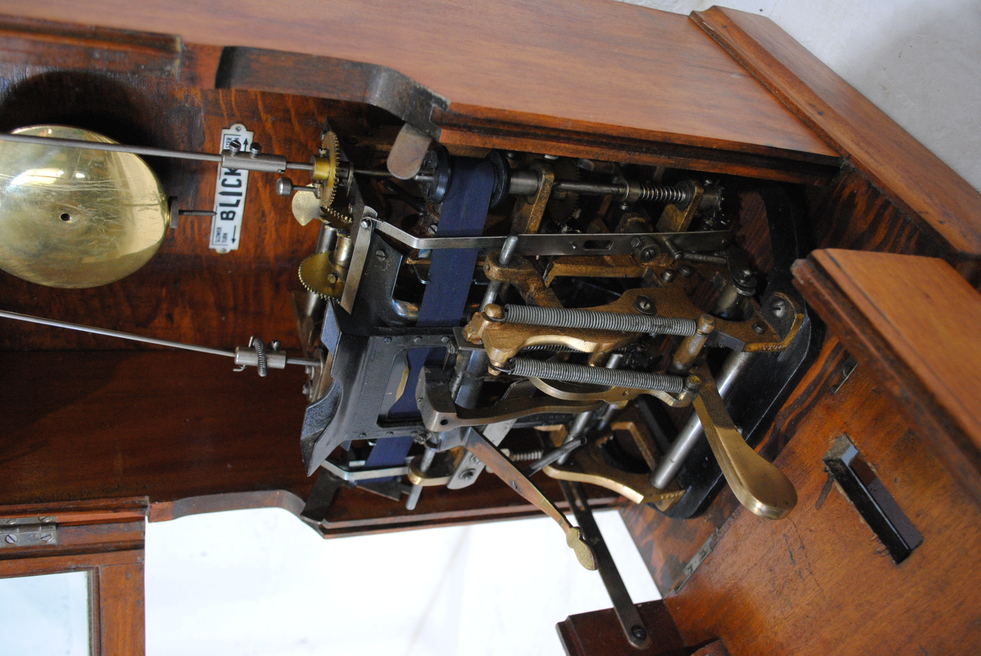A Blick Time Recorder oak cased clocking in machine, with key and pendulum - length 34cm, depth - Image 13 of 15