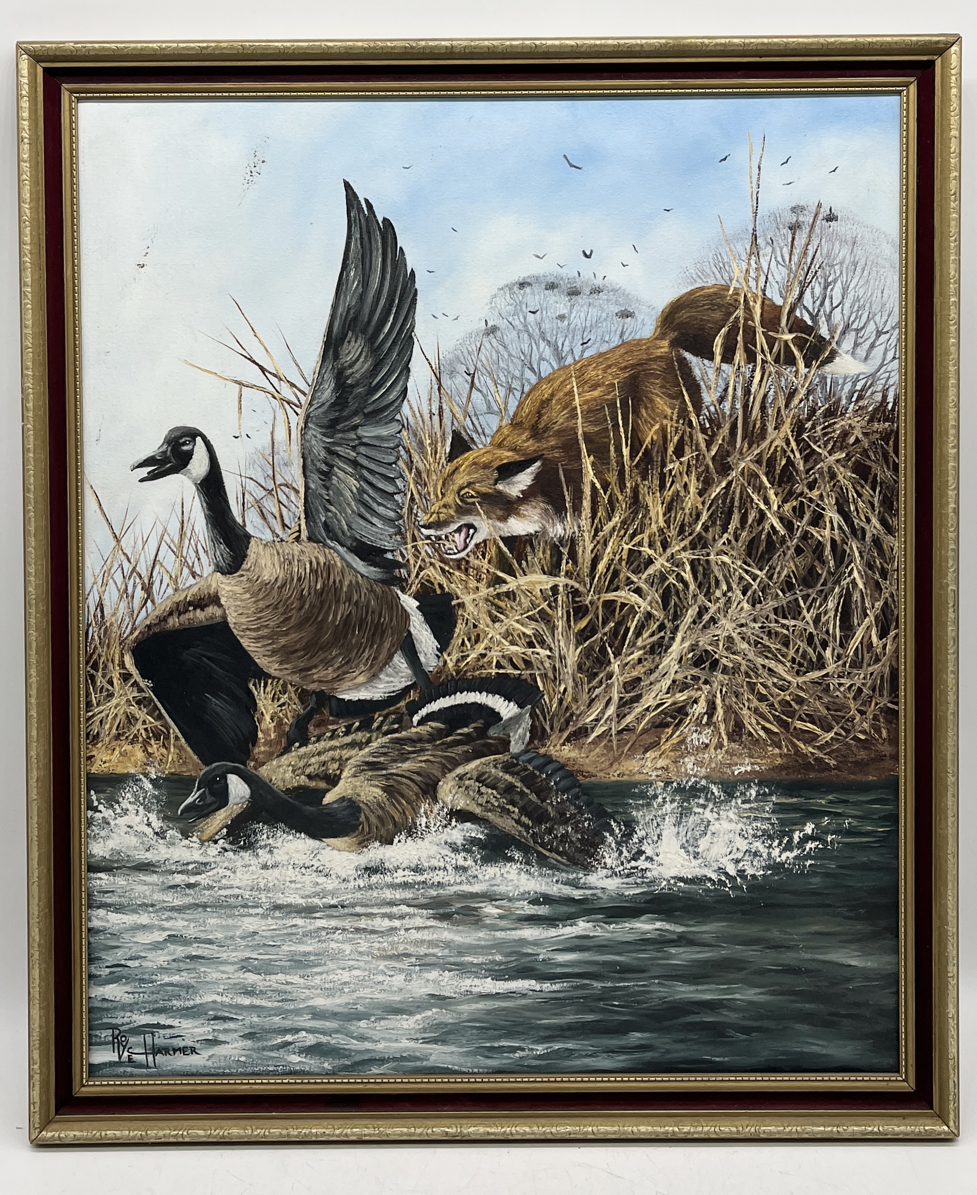 Royce Harmer (British 20th century) oil on canvas of a fox hunting geese - 68cm x 57cm