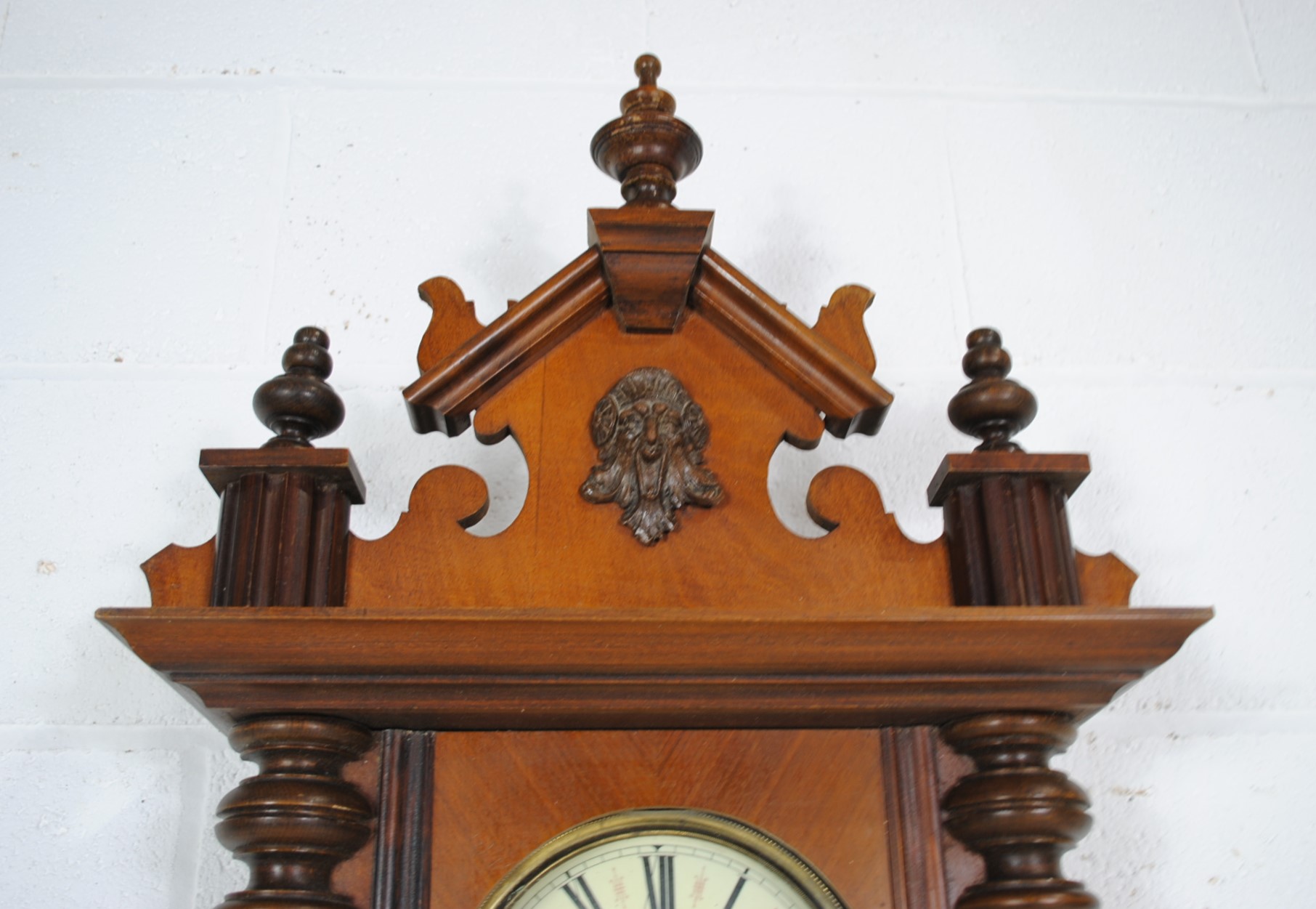 A mahogany cased eight day Vienna regulator wall hanging clock, with carved decoration and turned - Image 4 of 8
