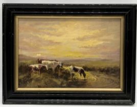 A small unsigned oil on board showing cattle by the river at sunset