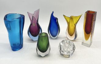 A collection of art glass vases including Murano Summerso block vase, Whitefriars etc.