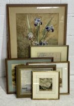 A collection of framed paintings including a watercolour by Maurice Chesterton of trees with a