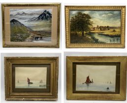 A collection of paintings including gilt framed oil signed H Timms, a pair of watercolours showing