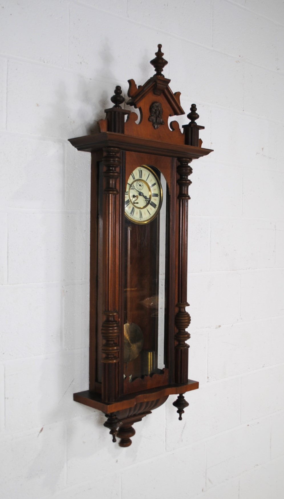 A mahogany cased eight day Vienna regulator wall hanging clock, with carved decoration and turned - Image 2 of 8