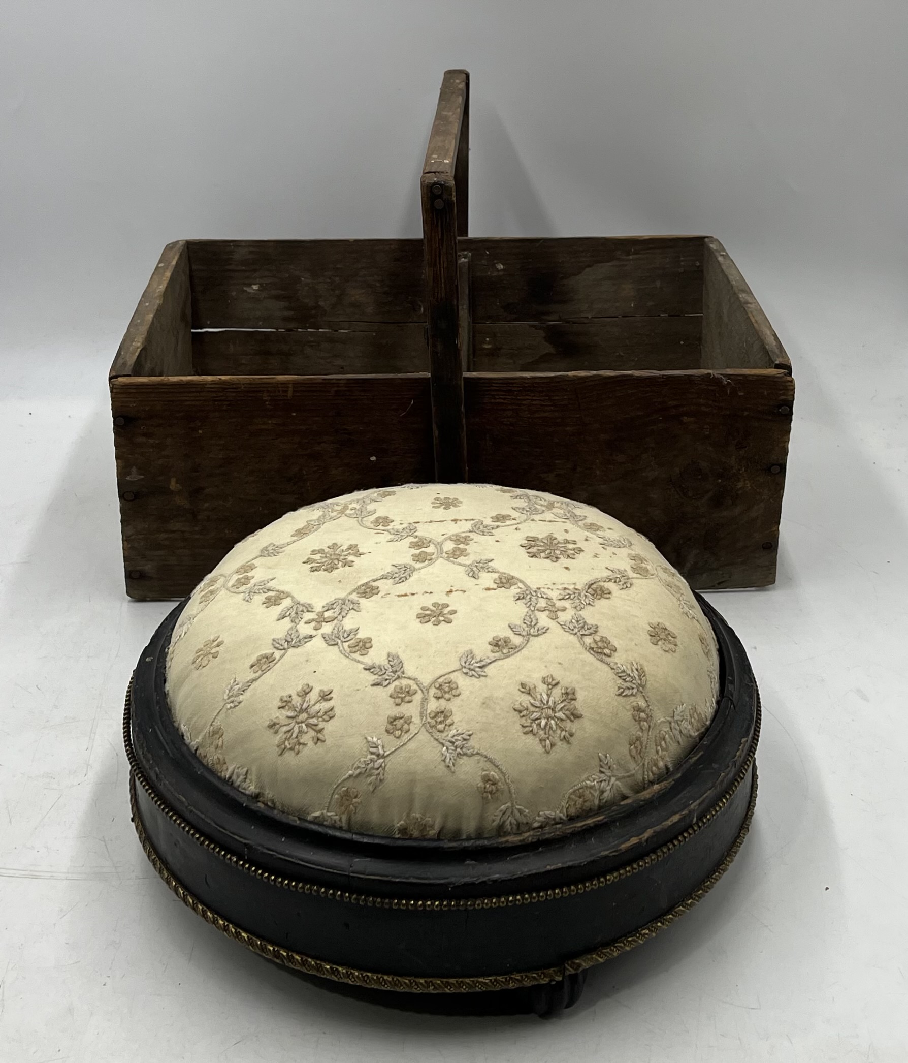 A vintage wooden garden trug and a Victorian foot stool