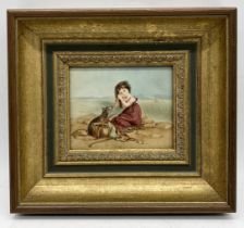 A small antique watercolour of a young girl and her dog beside the sea - inner frame measurements