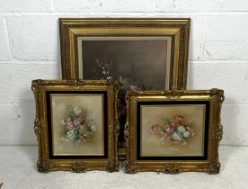 Three modern still life oil paintings in gilt frames. Overall size of largest is 59cm x 69cm.