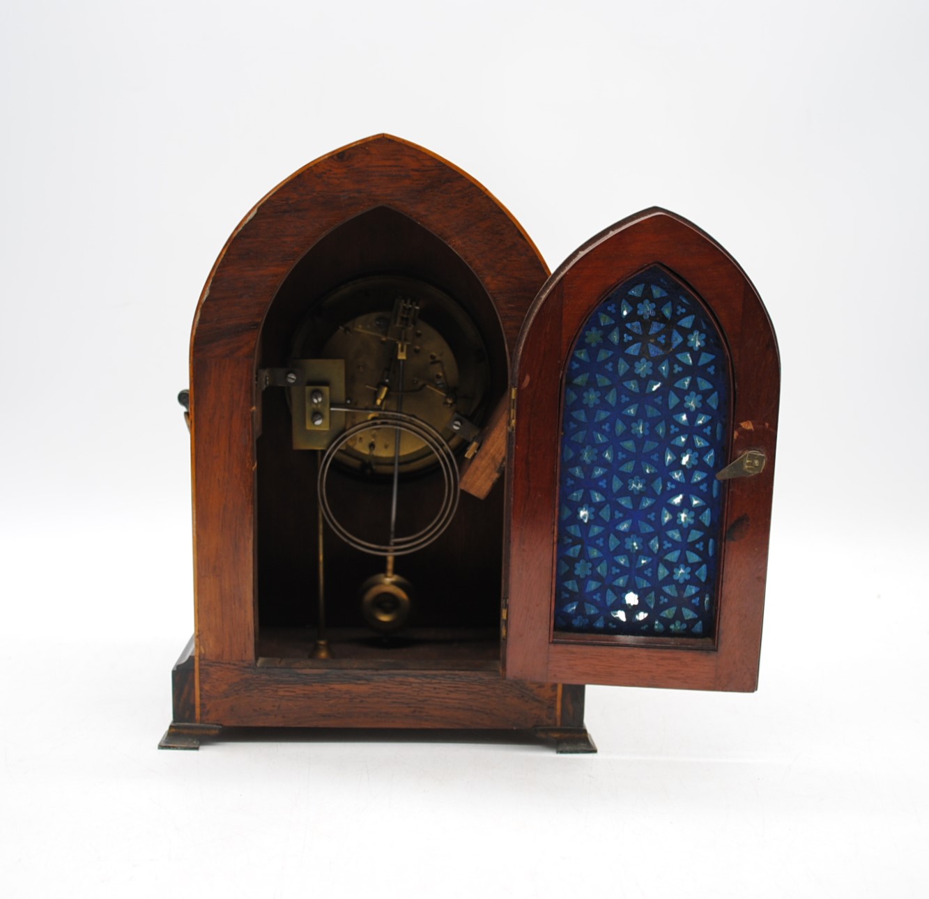 An Edwardian inlaid mantel clock, with keys - Image 8 of 11