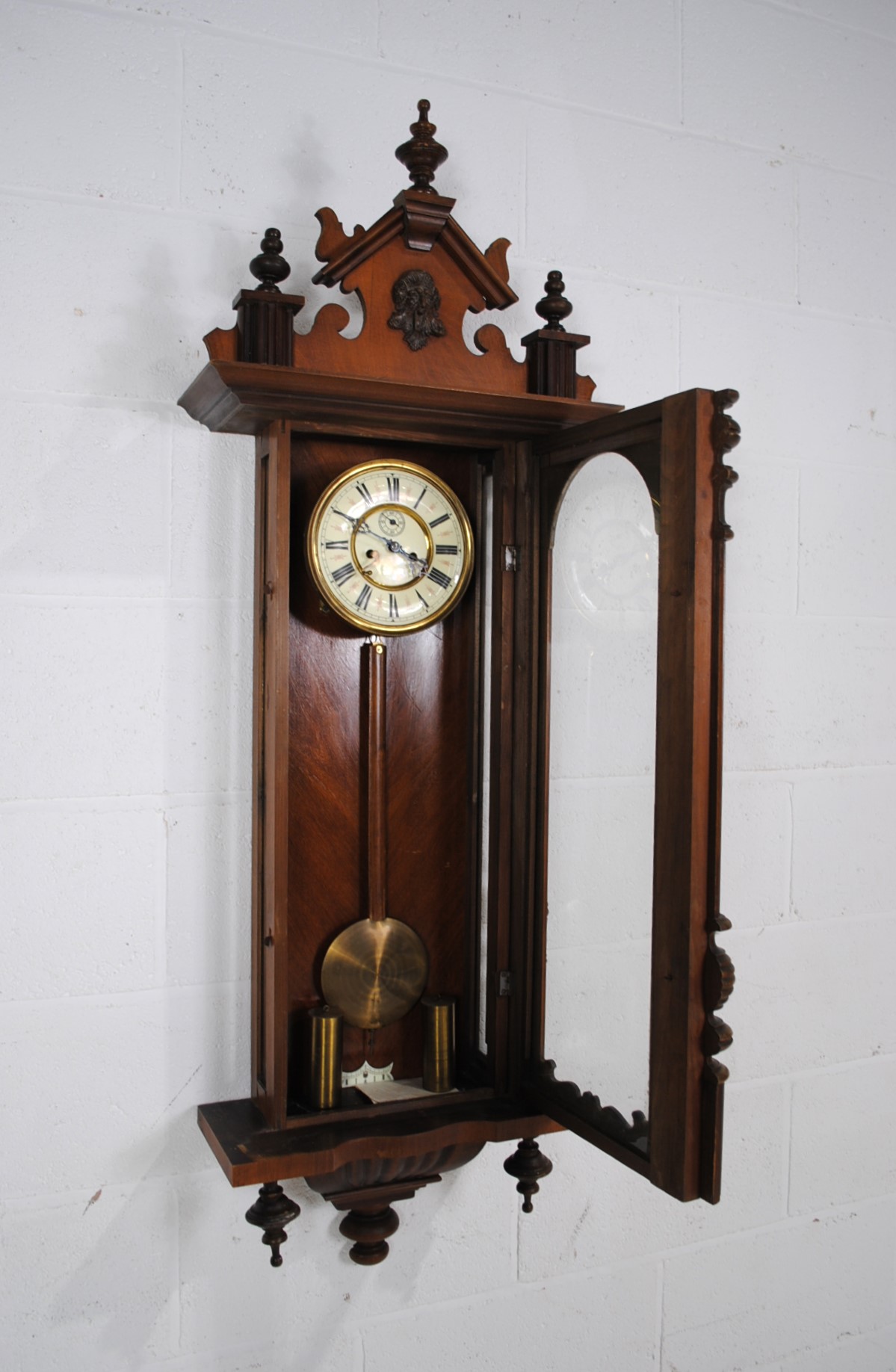 A mahogany cased eight day Vienna regulator wall hanging clock, with carved decoration and turned - Image 6 of 8