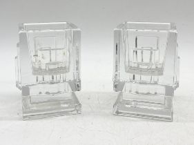 A pair of Waterford crystal vases of square footed geometric form with etched mark, 10cm high.