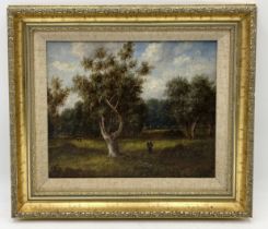 A framed oil on canvas signed Thompson and dated 1822 showing a woodland scene, titled verso "