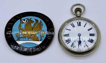 A London Midland & Scottish Railway silver plated pocket watch with subsidiary second dial, engraved