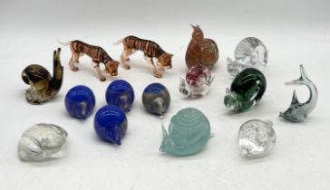 A collection of art glass animals and paperweights including Wedgwood, Murano etc.