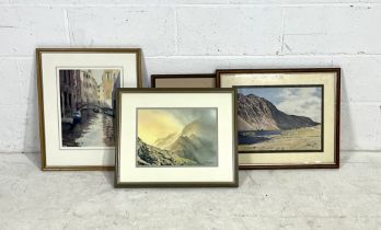 Framed watercolours and a print, a mountainous landscape scene signed J Campbell, "Bridge in Venice"