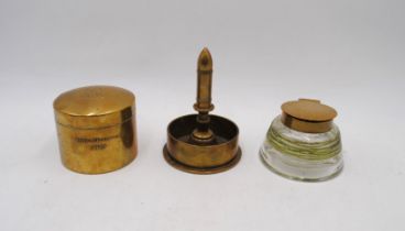 A trench art brass dish formed from the base of a bomb shell, along with a brass pot marked 'Royal