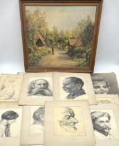 A collection of early twentieth century pencil sketches. Lot also includes a framed oil on canvas of